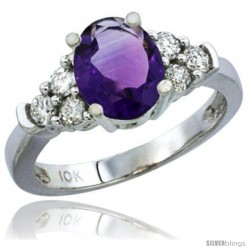 14k White Gold Ladies Natural Amethyst Ring oval 9x7 Stone Diamond Accent