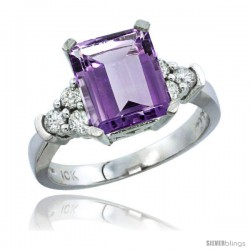 14k White Gold Ladies Natural Amethyst Ring Emerald-shape 9x7 Stone Diamond Accent