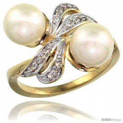 14k Gold Ribbon Pearl Ring w/ 0.09 Carat Brilliant Cut ( H-I Color VS2-SI1 Clarity ) Diamonds & 8mm White Pearls, 11/32 in