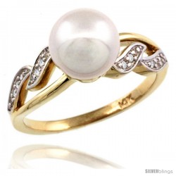 14k Gold Wavy Pearl Ring w/ 0.043 Carat Brilliant Cut ( H-I Color VS2-SI1 Clarity ) Diamonds & 9mm White Pearl, 11/32 in