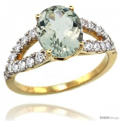 14k Gold Natural Green Amethyst Ring 10x8 mm Oval Shape Diamond Accent, 3/8inch wide -Style R314531y02