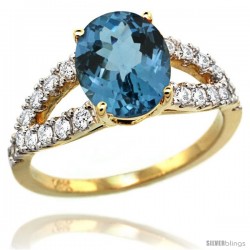 14k Gold Natural London Blue Topaz Ring 10x8 mm Oval Shape Diamond Accent, 3/8inch wide -Style R314531y05