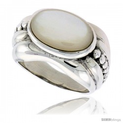 Sterling Silver Oxidized Ring, w/ 15 x 9 mm Oval-shaped Mother of Pearl, 1/2" (13 mm) wide