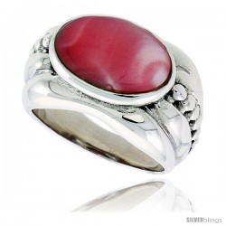 Sterling Silver Oxidized Ring, w/ 15 x 9 mm Oval-shaped Pink Mother of Pearl, 1/2" (13 mm) wide