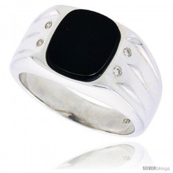 Sterling Silver Gents' Oval Black Onyx Ring, w/ 3 Heavy Grooves At-a-Side & 4 CZ Stones, 1/2" (13 mm) wide