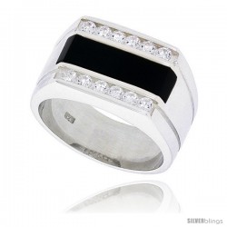 Sterling Silver Gents' Rectangular Black Onyx Ring, w/ 2 Light Grooves At each Side & 12 CZ Stones, 1/2" (13 mm) wide