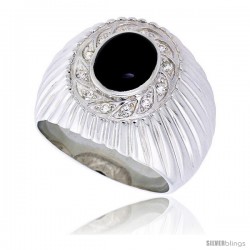 Sterling Silver Gents' Ring w/ an Oval-shaped Black Onyx & 12 Tiny Cubic Zirconia Stones, 3/4" (19 mm) wide