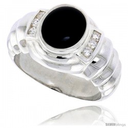 Sterling Silver Gents' Ring w/ an Oval-shaped Black Onyx & 6 Tiny Cubic Zirconia Stones, 9/16" (14 mm) wide