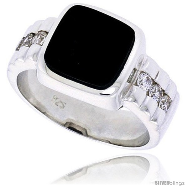 Sterling Silver Gents' Ring w/Square-shaped Black Onyx & 6 Cubic Zirconia Stones 