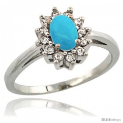 Sterling Silver Sleeping Beauty Turquoise Diamond Halo Ring Oval Shape 1.2 Carat 6X4 mm, 1/2 in wide