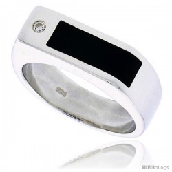 Sterling Silver Gents' Ring w/ a Rectangular Black Onyx & a Cubic Zirconia Stone, 5/16" (7 mm) wide