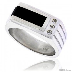 Sterling Silver Gents' Ring w/ a Rectangular Black Onyx & 3 Tiny Cubic Zirconia Stones, 3/8" (9 mm) wide