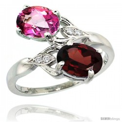 14k White Gold ( 8x6 mm ) Double Stone Engagement Pink Topaz & Garnet Ring w/ 0.04 Carat Brilliant Cut Diamonds & 2.34 Carats