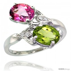 14k White Gold ( 8x6 mm ) Double Stone Engagement Pink Topaz & Peridot Ring w/ 0.04 Carat Brilliant Cut Diamonds & 2.34 Carats