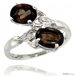 14k White Gold ( 8x6 mm ) Double Stone Engagement Smoky Topaz Ring w/ 0.04 Carat Brilliant Cut Diamonds & 2.34 Carats Oval Cut