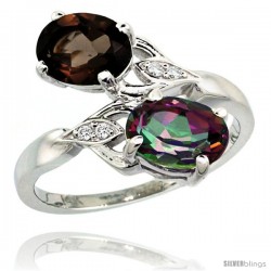 14k White Gold ( 8x6 mm ) Double Stone Engagement Smoky & Mystic Topaz Ring w/ 0.04 Carat Brilliant Cut Diamonds & 2.34 Carats