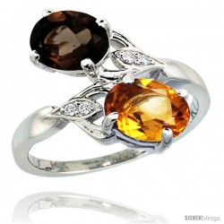 14k White Gold ( 8x6 mm ) Double Stone Engagement Smoky Topaz & Citrine Ring w/ 0.04 Carat Brilliant Cut Diamonds & 2.34 Carats