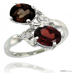 14k White Gold ( 8x6 mm ) Double Stone Engagement Smoky Topaz & Garnet Ring w/ 0.04 Carat Brilliant Cut Diamonds & 2.34 Carats