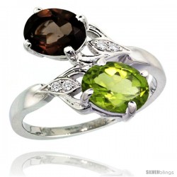 14k White Gold ( 8x6 mm ) Double Stone Engagement Smoky Topaz & Peridot Ring w/ 0.04 Carat Brilliant Cut Diamonds & 2.34 Carats