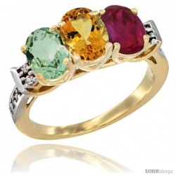 10K Yellow Gold Natural Green Amethyst, Citrine & Ruby Ring 3-Stone Oval 7x5 mm Diamond Accent