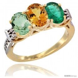 10K Yellow Gold Natural Green Amethyst, Citrine & Emerald Ring 3-Stone Oval 7x5 mm Diamond Accent