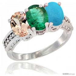 10K White Gold Natural Morganite, Emerald & Turquoise Ring 3-Stone Oval 7x5 mm Diamond Accent