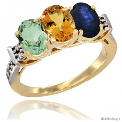 10K Yellow Gold Natural Green Amethyst, Citrine & Blue Sapphire Ring 3-Stone Oval 7x5 mm Diamond Accent