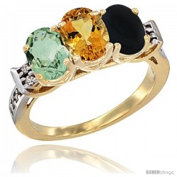 10K Yellow Gold Natural Green Amethyst, Citrine & Black Onyx Ring 3-Stone Oval 7x5 mm Diamond Accent