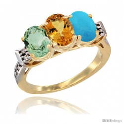 10K Yellow Gold Natural Green Amethyst, Citrine & Turquoise Ring 3-Stone Oval 7x5 mm Diamond Accent