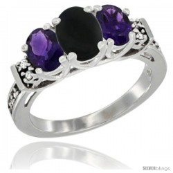 14K White Gold Natural Black Onyx & Amethyst Ring 3-Stone Oval with Diamond Accent