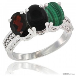 14K White Gold Natural Garnet, Black Onyx & Malachite Ring 3-Stone 7x5 mm Oval Diamond Accent