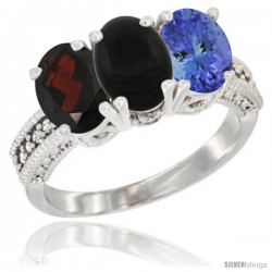 14K White Gold Natural Garnet, Black Onyx & Tanzanite Ring 3-Stone 7x5 mm Oval Diamond Accent