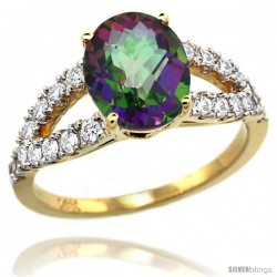 14k Gold Natural Mystic Topaz Ring 10x8 mm Oval Shape Diamond Accent, 3/8inch wide -Style R314531y08