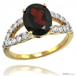 14k Gold Natural Garnet Ring 10x8 mm Oval Shape Diamond Accent, 3/8inch wide -Style R314531y10