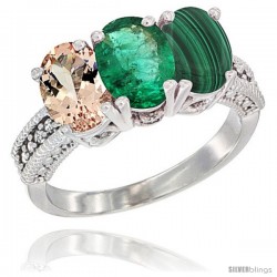 10K White Gold Natural Morganite, Emerald & Malachite Ring 3-Stone Oval 7x5 mm Diamond Accent