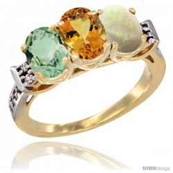 10K Yellow Gold Natural Green Amethyst, Citrine & Opal Ring 3-Stone Oval 7x5 mm Diamond Accent