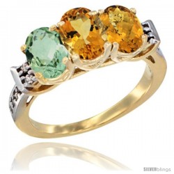 10K Yellow Gold Natural Green Amethyst, Citrine & Whisky Quartz Ring 3-Stone Oval 7x5 mm Diamond Accent