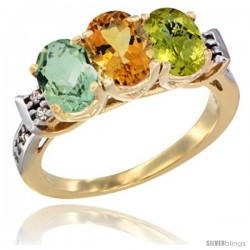 10K Yellow Gold Natural Green Amethyst, Citrine & Lemon Quartz Ring 3-Stone Oval 7x5 mm Diamond Accent