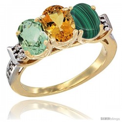 10K Yellow Gold Natural Green Amethyst, Citrine & Malachite Ring 3-Stone Oval 7x5 mm Diamond Accent