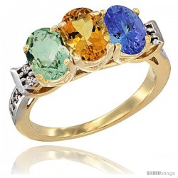 10K Yellow Gold Natural Green Amethyst, Citrine & Tanzanite Ring 3-Stone Oval 7x5 mm Diamond Accent