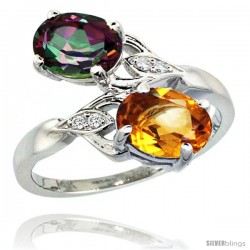 14k White Gold ( 8x6 mm ) Double Stone Engagement Mystic Topaz & Citrine Ring w/ 0.04 Carat Brilliant Cut Diamonds & 2.34