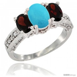 14k White Gold Ladies Oval Natural Turquoise 3-Stone Ring with Garnet Sides Diamond Accent