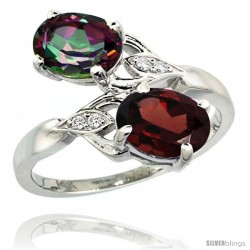 14k White Gold ( 8x6 mm ) Double Stone Engagement Mystic Topaz & Garnet Ring w/ 0.04 Carat Brilliant Cut Diamonds & 2.34 Carats