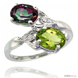 14k White Gold ( 8x6 mm ) Double Stone Engagement Mystic Topaz & Peridot Ring w/ 0.04 Carat Brilliant Cut Diamonds & 2.34