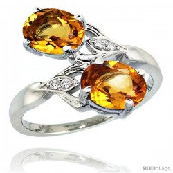 14k White Gold ( 8x6 mm ) Double Stone Engagement Citrine Ring w/ 0.04 Carat Brilliant Cut Diamonds & 2.34 Carats Oval Cut