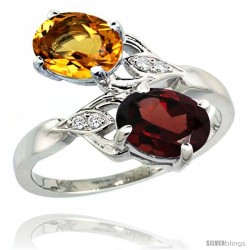 14k White Gold ( 8x6 mm ) Double Stone Engagement Citrine & Garnet Ring w/ 0.04 Carat Brilliant Cut Diamonds & 2.34 Carats Oval