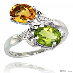 14k White Gold ( 8x6 mm ) Double Stone Engagement Citrine & Peridot Ring w/ 0.04 Carat Brilliant Cut Diamonds & 2.34 Carats