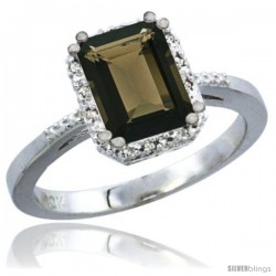 10K White Gold Natural Smoky Topaz Ring Emerald-shape 8x6 Stone Diamond Accent