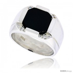 Sterling Silver Gents' Octagon Black Onyx Ring, w/ 2 Light Grooves At-a-Side & 4 CZ Stones, 1/2" (13 mm) wide