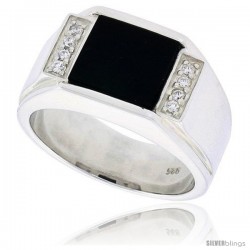 Sterling Silver Gents' Square Black Onyx Ring, w/ Grooved Edges & 8 CZ Stones, 1/2" (13 mm) wide